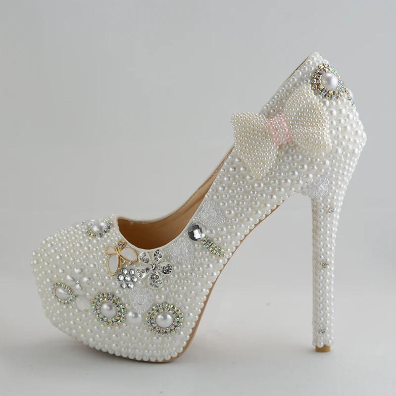 

BaoYaFang White Pearl women wedding shoes Bride High heels Platform shoes ladies big size party dress shoes woman fashion shoes