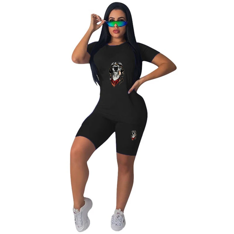 Women Short Sleeve Cat Printed T-shirt Top Elastic Waist Shorts Two Pieces Casual Style Outfit Female O-Neck Pullover tops