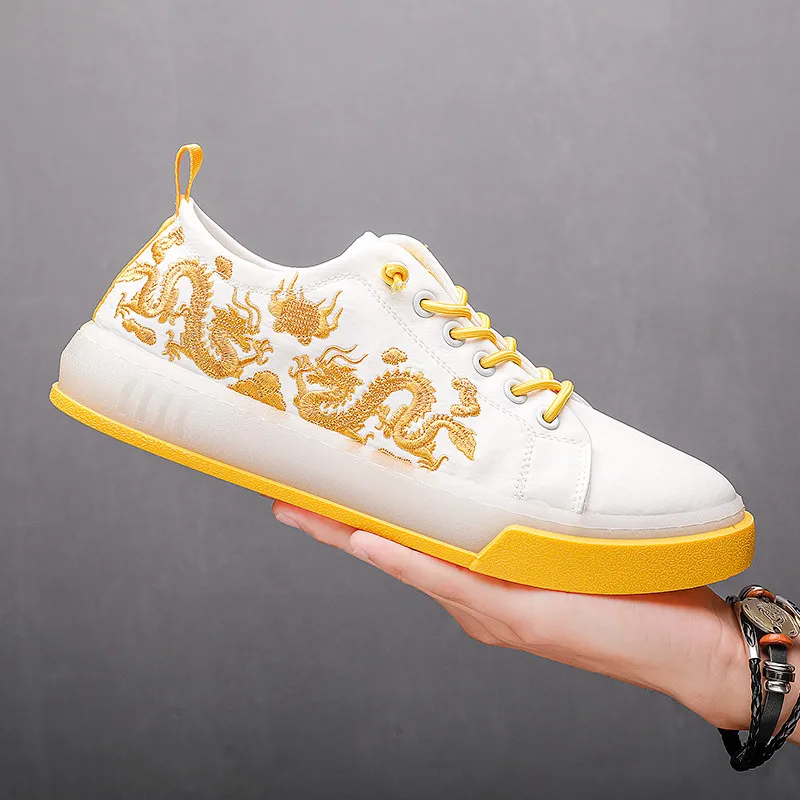 2021 Fashion Yellow Flower Embroidered Shoes Men Summer Sneakers Platform Flats Breathable Silk Cloth Casual |