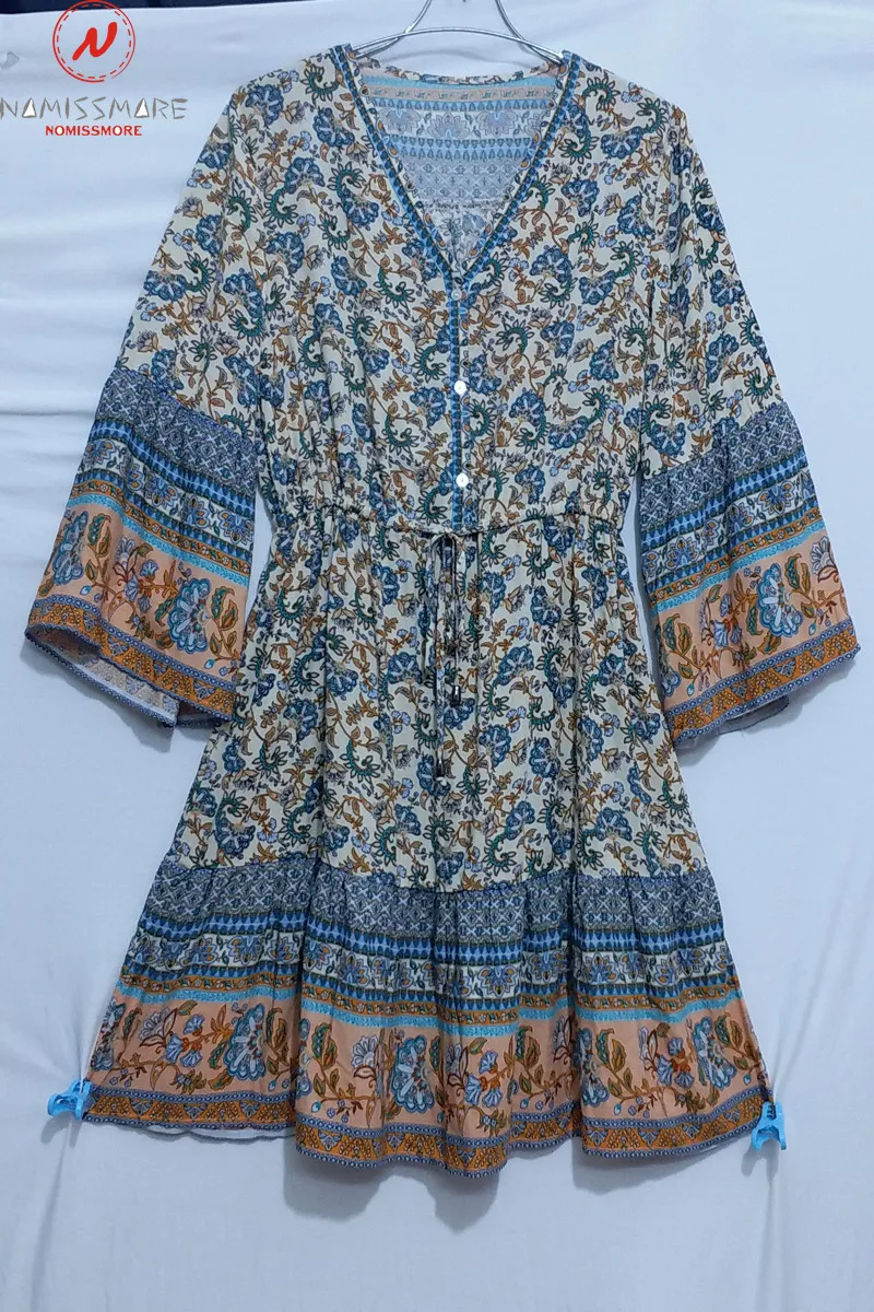 

Bohemian Style Women Summer A-Line Dress Drawstring Design V-Neck Three Flare Sleeve Mid Waist Slim Pullovers Mini Dress