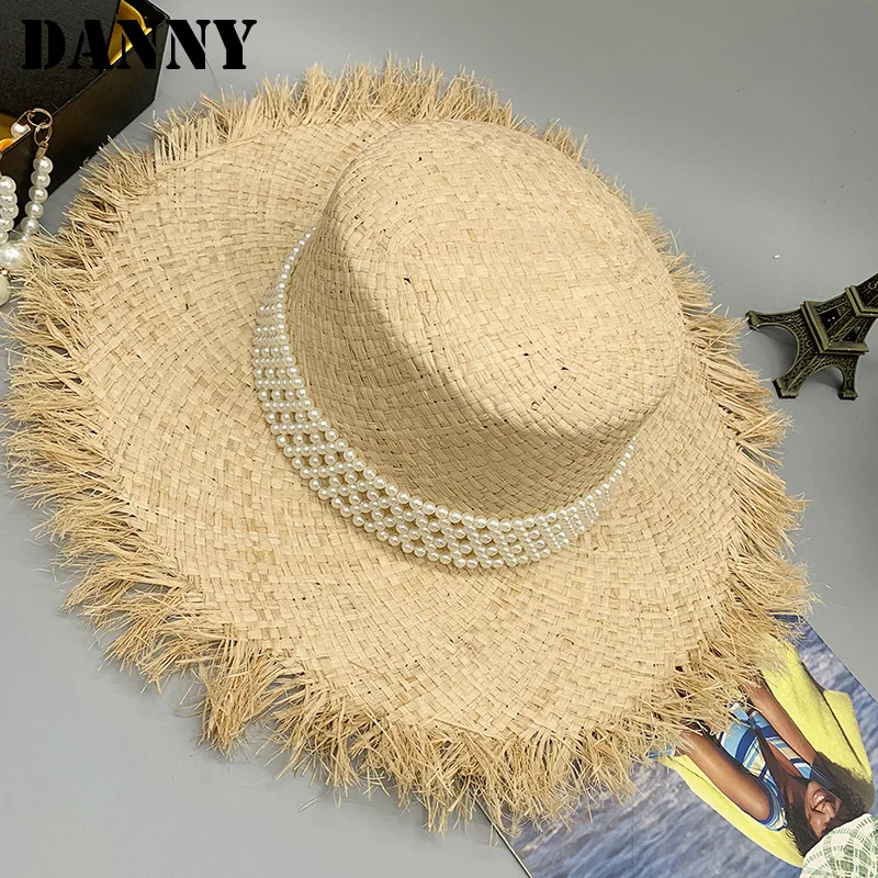 

Summer Women's Panama Straw Hat Dome Solid Color Wide Brim Women's Beach Vacation Pearl Raffia Sun Hat French Women's Hat