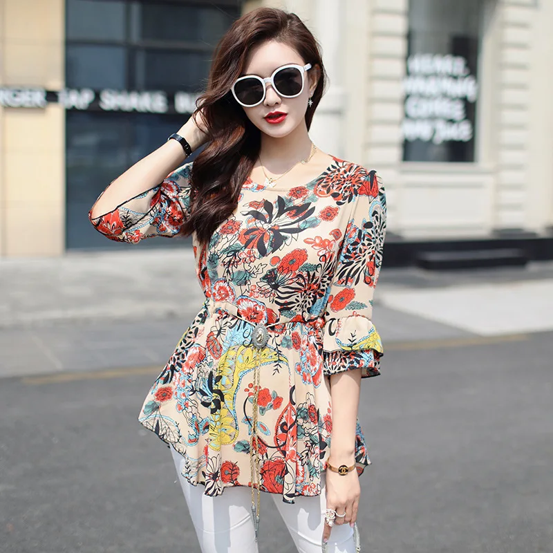 

Women's Regular Fit T-Shirts Tops 3/4 Roll Sleeve Crew Neck Office Lady Print Blouses Tops