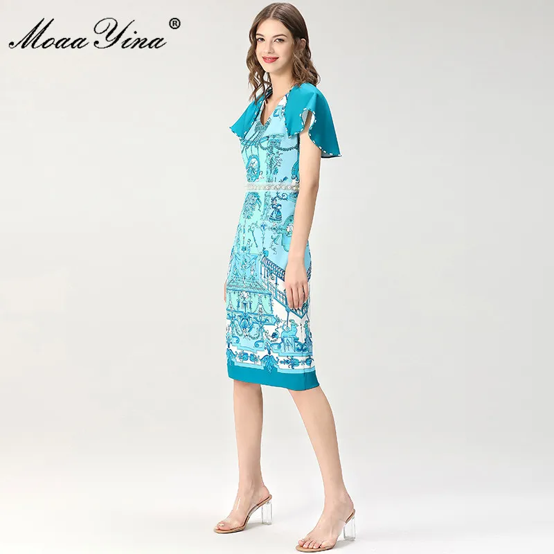 

MoaaYina 2021 Women's Slim Midi Straight Dress Summer Fashion Butterfly Sleeve Printed Beading Elegant Party Dress Vestidos