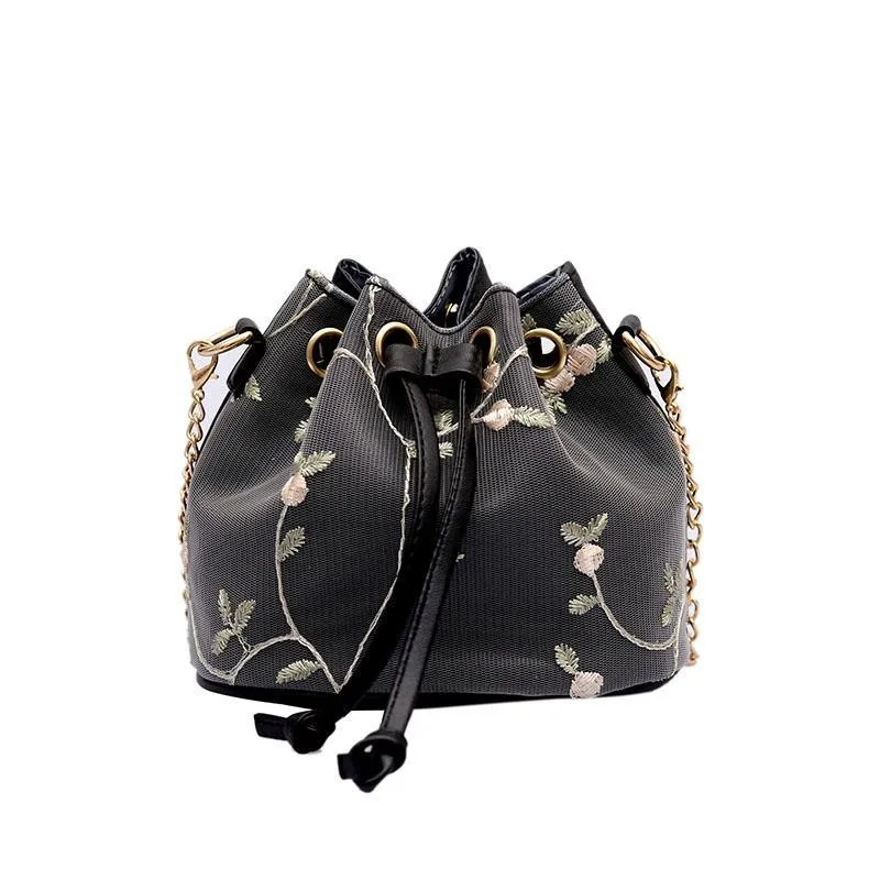 

Fashion Embroidery Chains No zipper Solid handbags women Casual designer Pleated crossbody bag Classy Bucket PU shoulder bag