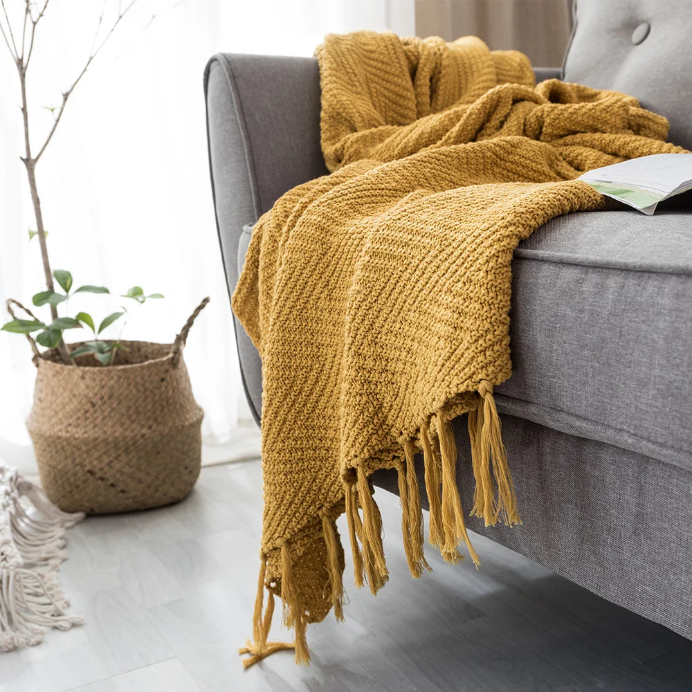 

Mustard Yellow Blanket Sofa Knit Throw Blanket Tassels Fringe Blanket Travel 130x160cm Home Sofa Chair Couch Bed 50"x62"