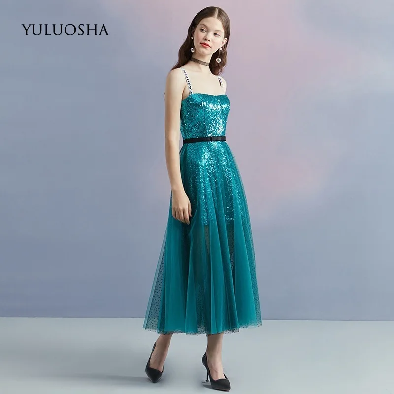 YULUOSHA Fashion Sexy Evening Dresses Strapless Sleeveless Spaghetti Straps Tea-Length Party Prom Formal Gowns Robe De Soiree | Свадьбы и