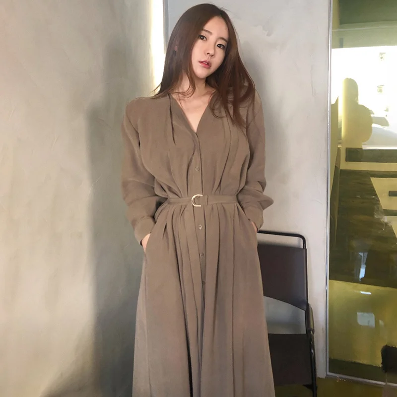 

Korean Chic Simple and Elegant V-neck Single Breasted Lace Up Waist Thin Solid Color Long Knee Length Long Sleeve Dress