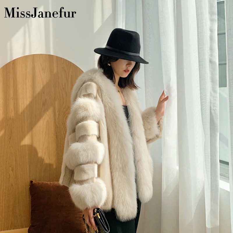 Модное пальто с натуральным мехом серебряной лисы плотное теплое Женское синим