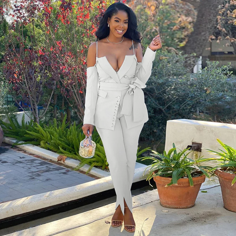 

Elegant Fashion Women's Formal Suit Deep V Neck Cleavage Spaghetti Strap Long Sleeve Blazer and Split Hem Pant Workwear Business