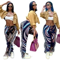side tassels patchwork striped print jogger pant women rave festival clothing 2021 fashion casual high waist bodycon sweat pants