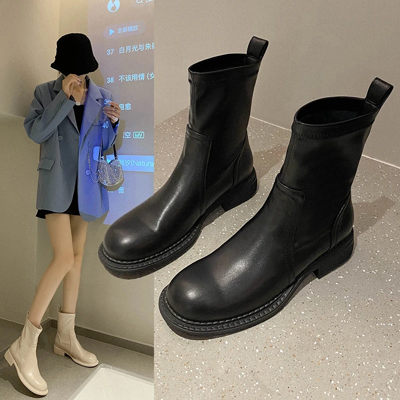 

Women Ankle Boots Autumn Winter Genuine Leather Office Ladies Casual Thick Heels Shoes Woman Back Zipper 2021 NEW