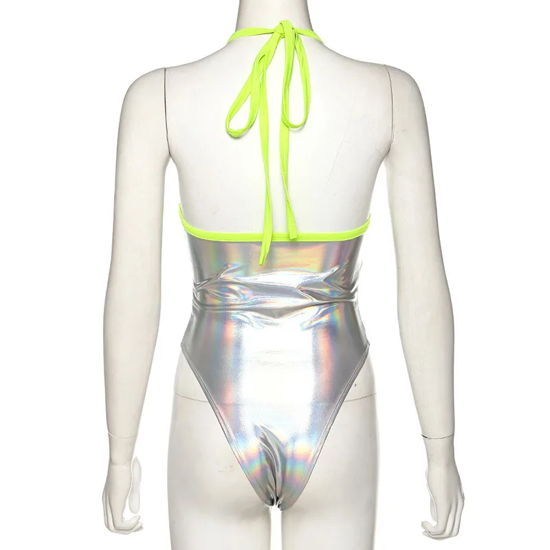 BOOFEENAA голографическое Серебряное Сексуальное боди блестящее эластичное с