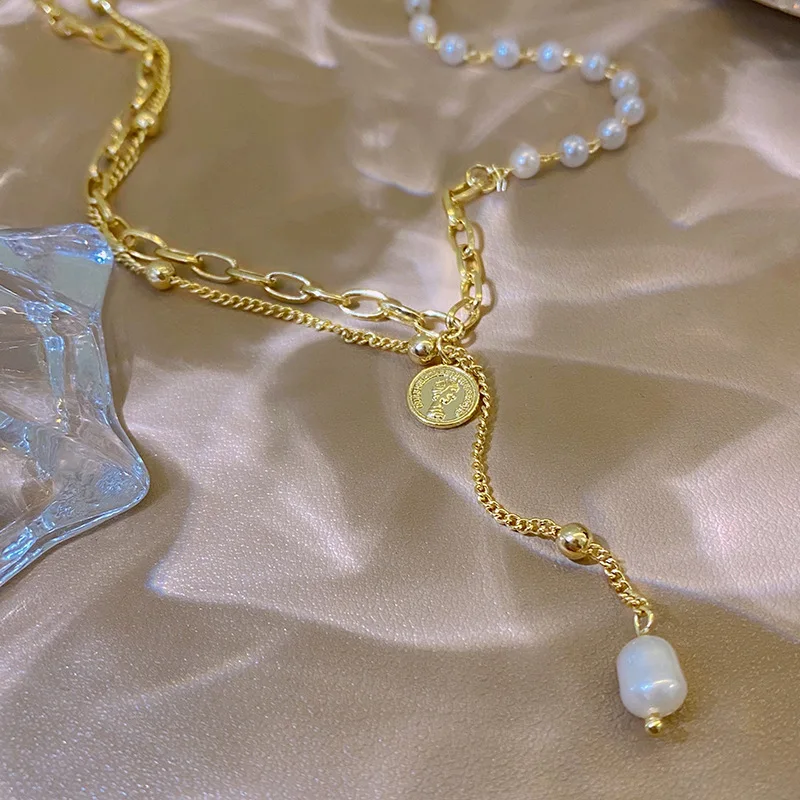 

2021 New Senior Fashion Metal Chain Stitching Women Pendant Necklaces Trendy Geometric Pearl Party Necklace