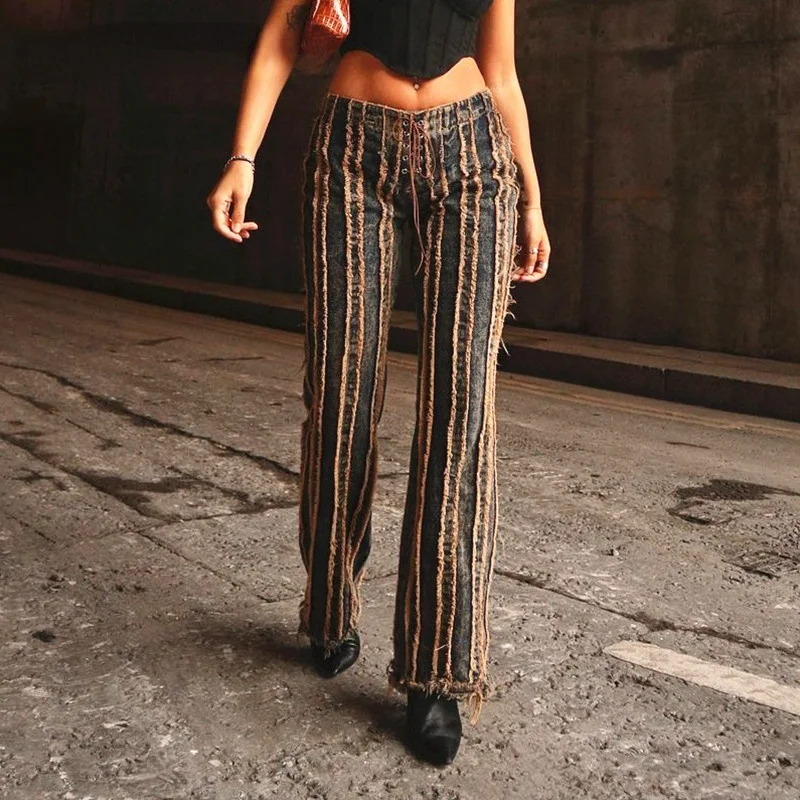 

Frill Patchwork Vintage Jeans Women Casual High Waisted Long Trousers Ladies Streetwear Denim Pants Capris Autumn