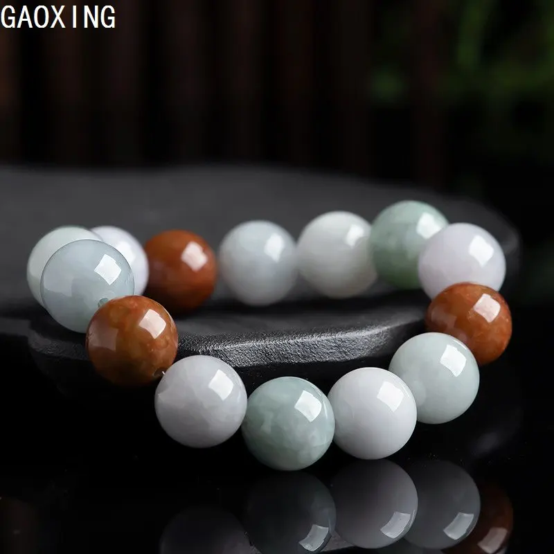 

Natural Burmese Jadeite 13mm Three-Color Exquisite Bracelet Jewelry Ice Jade Bead Bracelet Men's Women's High-End Jade