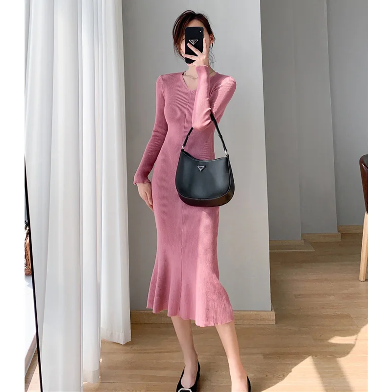 

Корейское осенне-зимнее элегантное однотонное модное женское платье с длинным рукавом, винтажное соблазнительное приталенное платье сред...