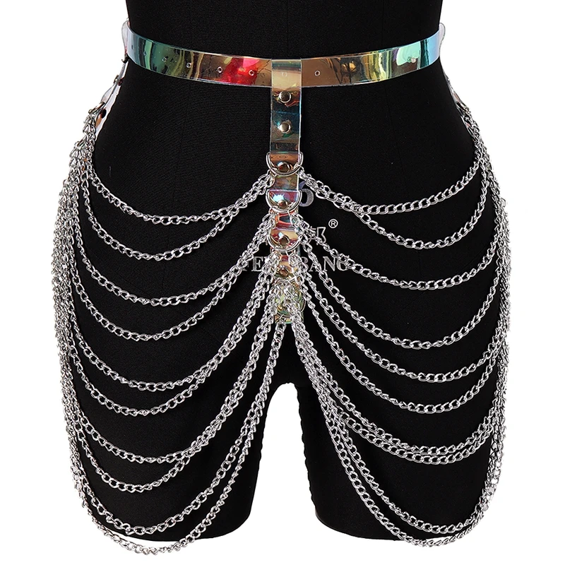 Goth Women Laser Leather Chain Belt Punk Body Chain Skirt Waist Strap Adjustable Festival Girls Body Harness  Dance Rave Jewelry
