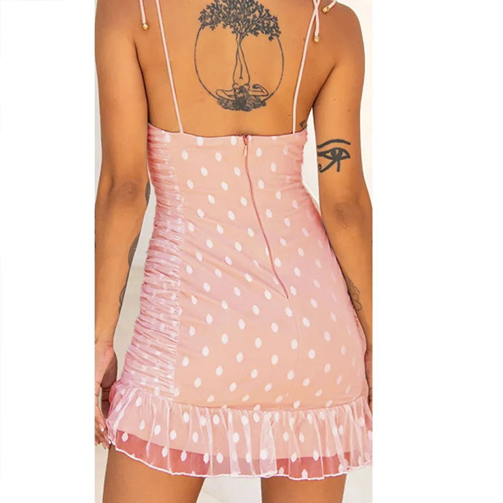 

Western Style Women's Dress Fashion Sexy Casual Popular Simple Net Yarn Splicing Double Layer Wave Point V-neck 2021