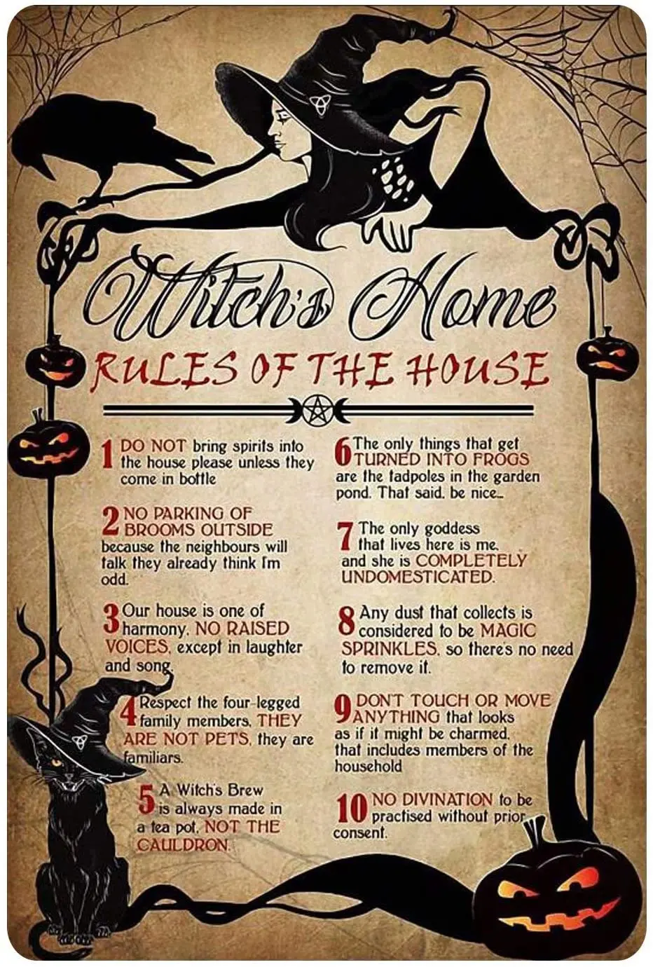 

Witch Home Rules Of The House -Metal Tin Sign, Witch, Crow, Retro Pictorial Halloween Tin Sign, Shop, Bar Decoration
