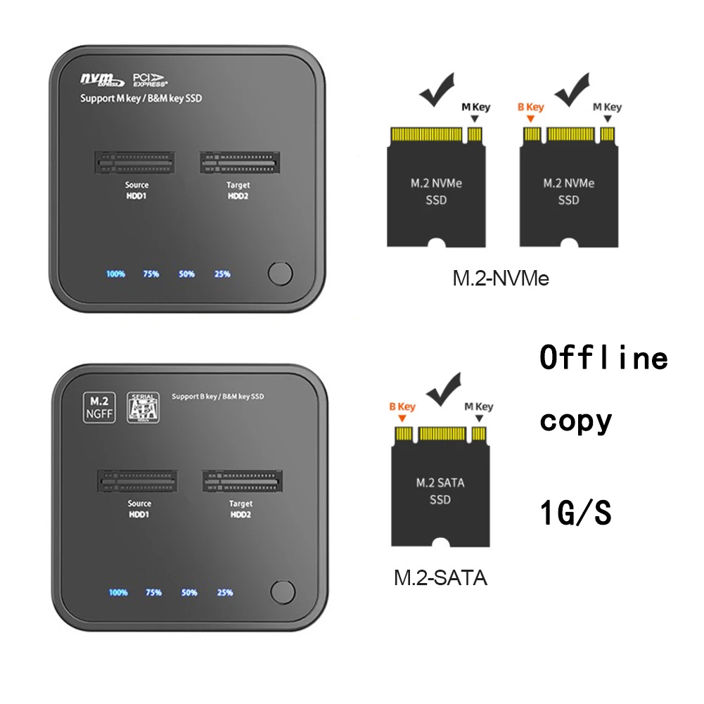 

Док-станция для внешних жестких дисков Dual Bay USB 3.1 Type C на M.2 NVMe/SATA с автономным клонированием для M2 SSD