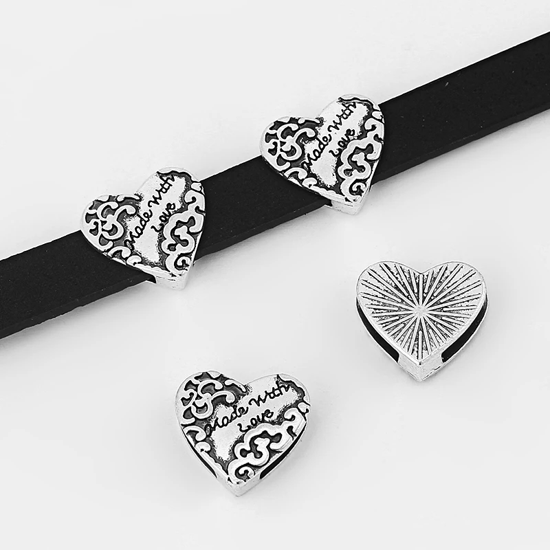 

10 шт., бусины-слайдеры серебряного цвета в форме сердца, 12 х2 мм