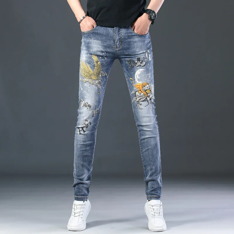

Digital color pullout printed jeans men's 2021 summer casual men's slim fit elastic trend pants