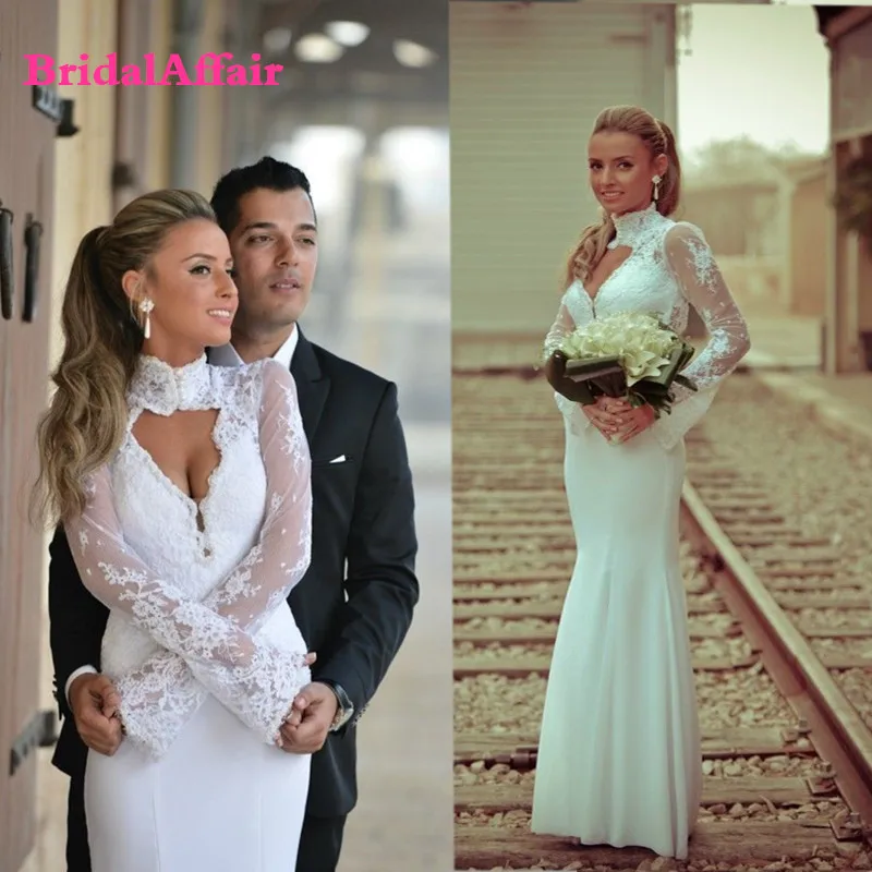 

Arabic High Neck Wedding Dresses Mermaid 2020 vestido de novia Open Back Long Sleeve Wedding Gowns Custom Made Satin Bride Dress