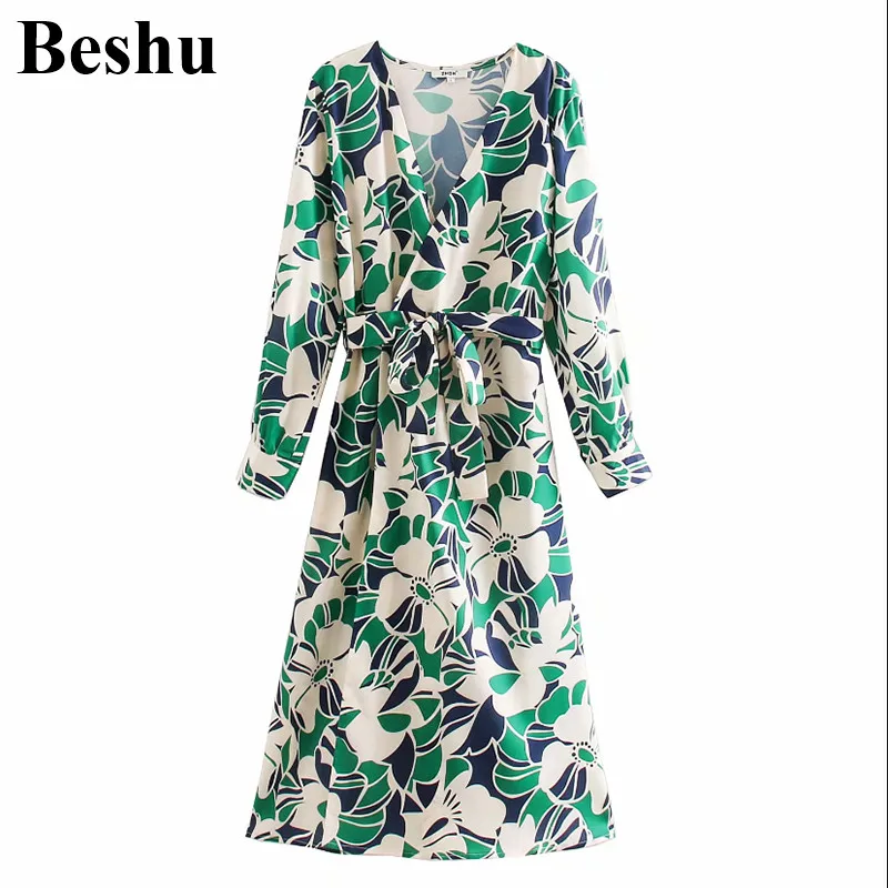 Женское длинное платье трапеция za элегантное миди с цветочным принтом запахом v