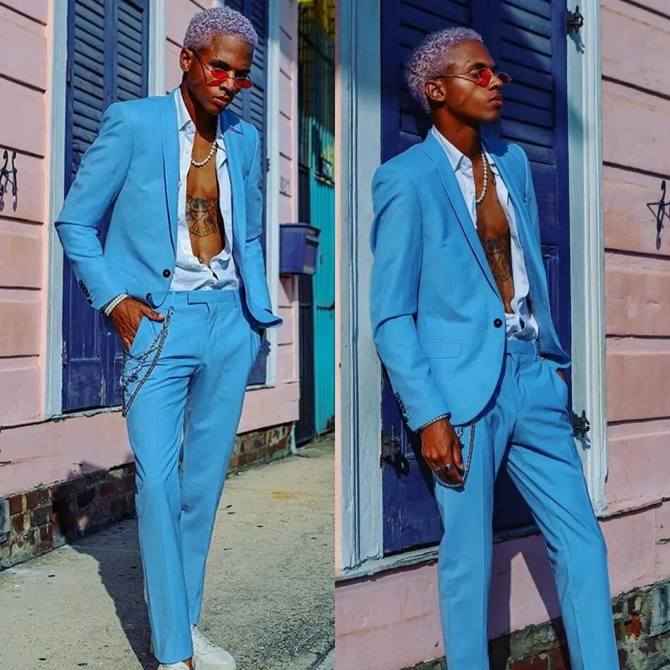 Light Blue Men Suit Coat+Pant Tailored Fit Prom Party One Button 2pc Shawl Lapel Groom Tuxedos Men Suit Wedding Blazer