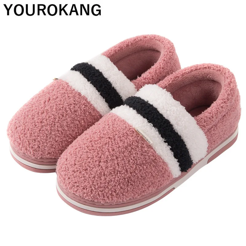 

2020 Warm Men Shoes Plush Men Home Slippers Stripe Male Cotton Shoe Floor Unisex Couple Bedroom Slippers Indoor Flock Flip-flops