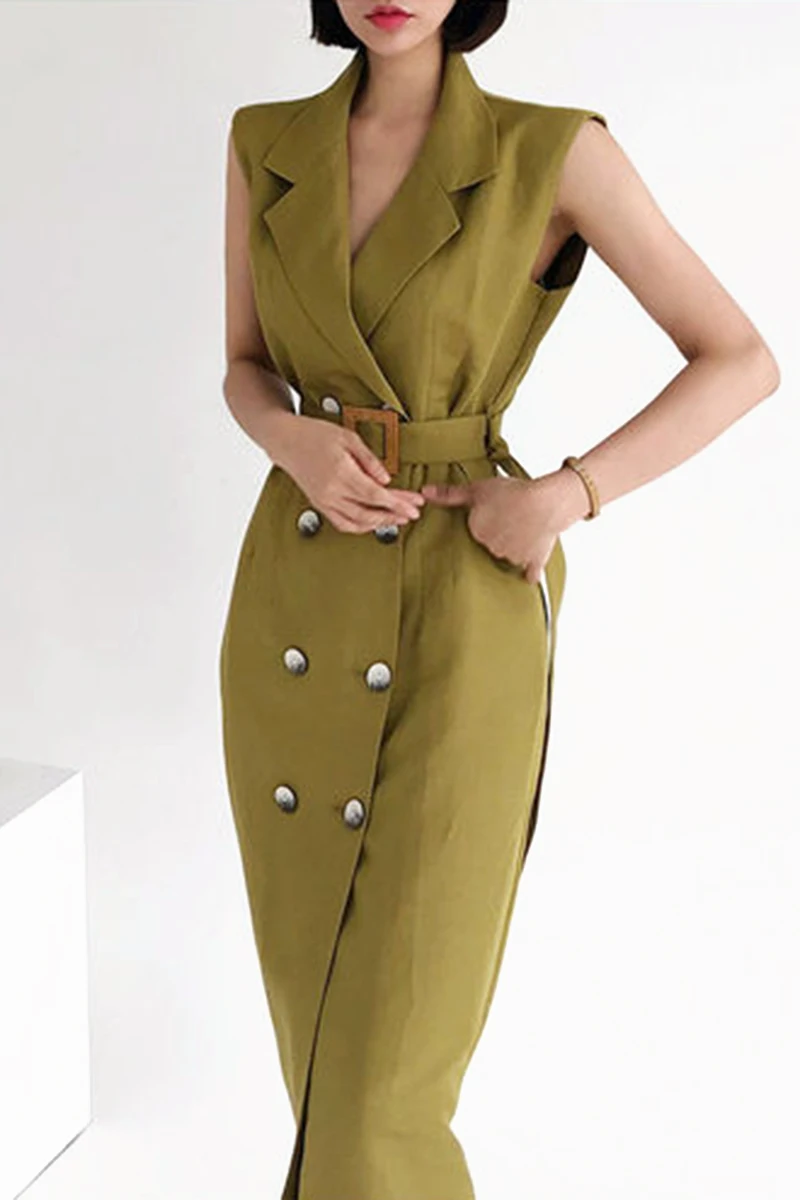 

New Summer Temperament All-match Notched collar sleeveless Dress double breasted waist length Dress 2021