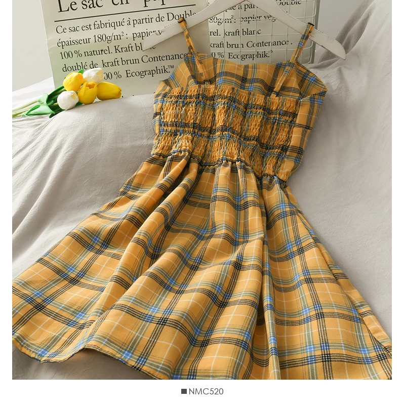 Женское клетчатое мини-платье на бретельках короткое платье в стиле ретро с