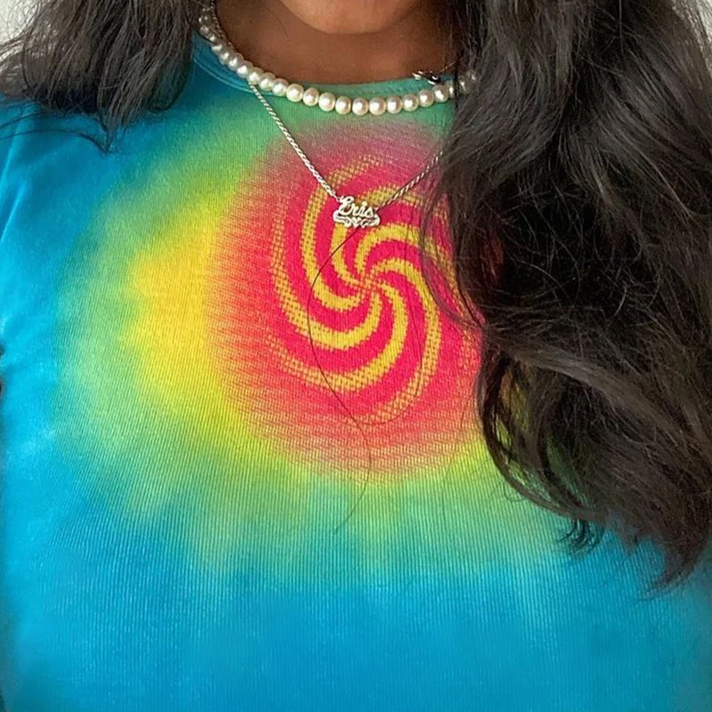 

Tie Dye Printed Y2K Vintage Crop Tops Women Fashion Harajuku Short Sleeves Tshirts Korean Crewneck Streetwear Tees Cuteandpsycho