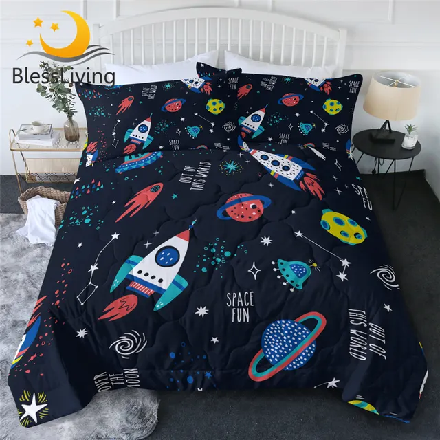 BlessLiving Spaceship Quilt Rocket Bedspreads for Kids Dipper Beding Set Full Size Cartoon Starry Cool Blanket Modern Home Decor 1