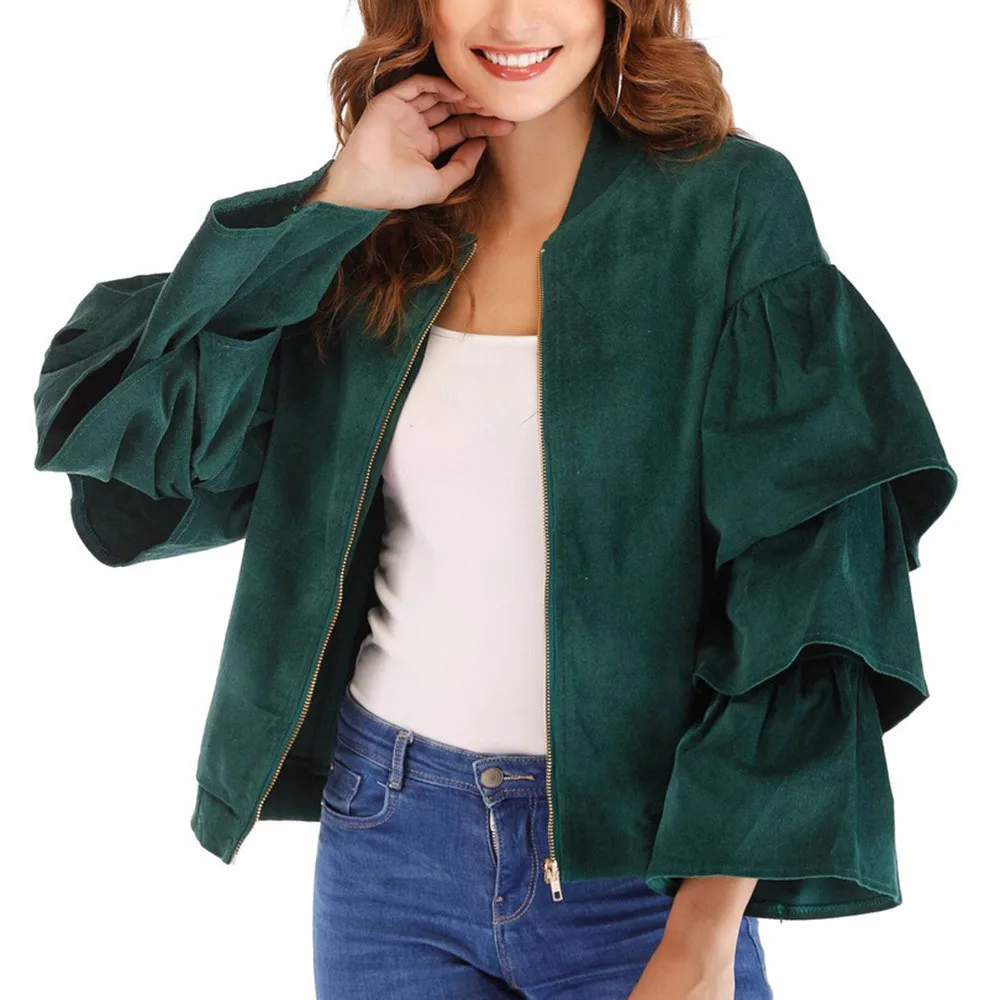 

Fashion Women Winter Green Ruffles Solid Zipper Female Jacket Overcoat Outwear Coat