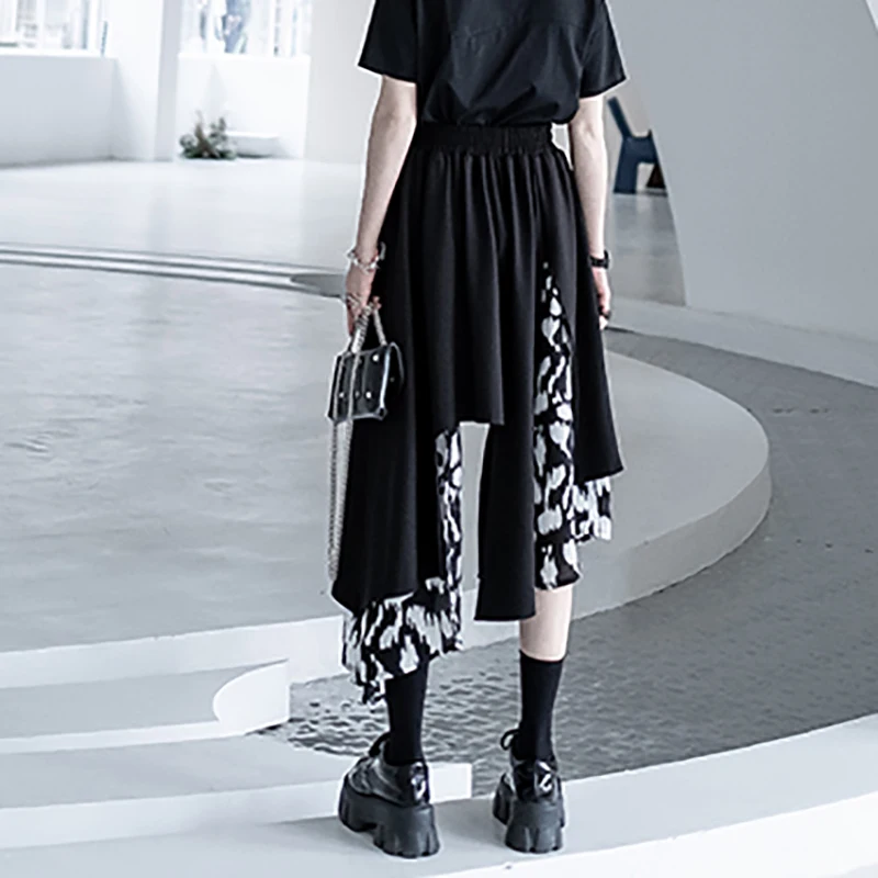 

SHENGPALAE Personlaity Irregular Skirt Women's Summer 2021 New High Elastic Waist Side Pocket Printed Knee-length Skirt Female