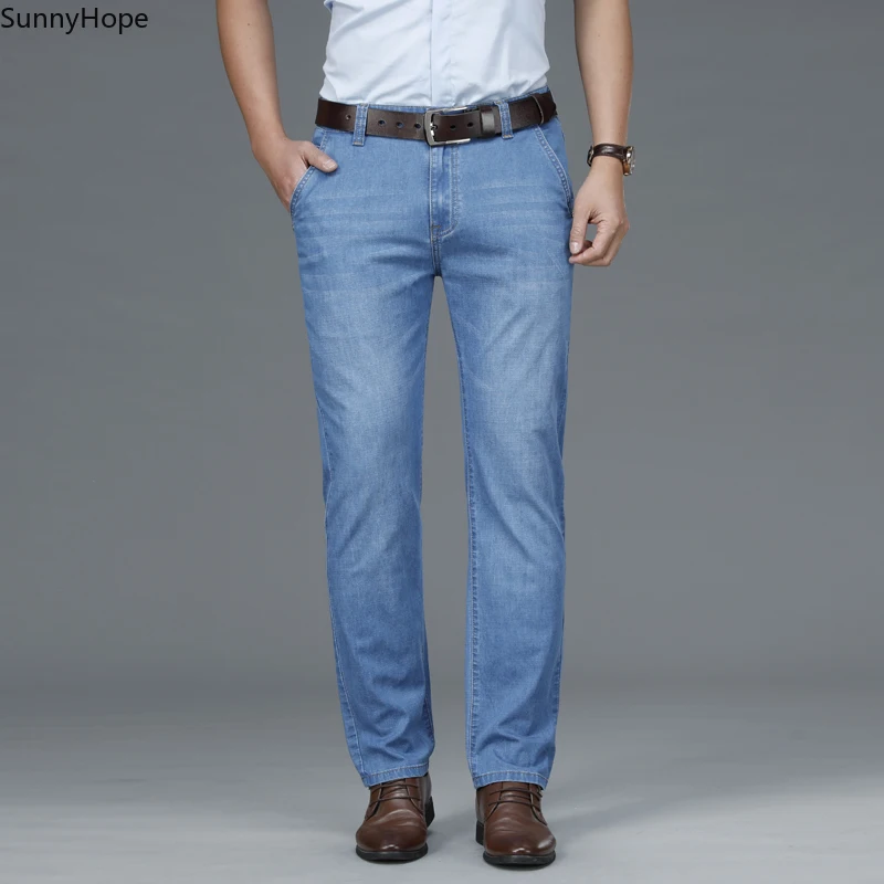 

2021 весенне-летние легкие тонкие мужские облегающие прямые модные джинсы классические кожаные деловые повседневные хлопковые джинсы