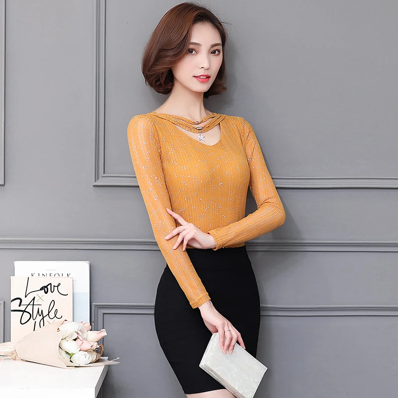 

Black Women Autumn Blouse Mesh Top Ladies Long Sleeve Shirts Elegant Womens Clothing Tops And Blouses S023