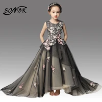 flower girl dress with train ht051 luxury appliques peals flower girls dresses o neck backless formal gowns for girl kids
