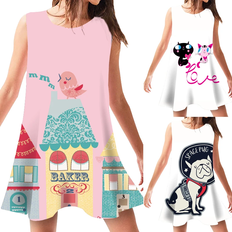 Женское милое платье с мультяшным принтом Новая повседневная пляжная одежда