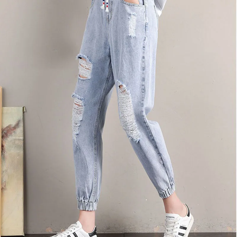 

Large Size Women's Jeans 2021 Spring New Loose High Waist Hole Ankle-Length Denim Pants Ladies Beam Feet Hallen Jeans 5XL W69