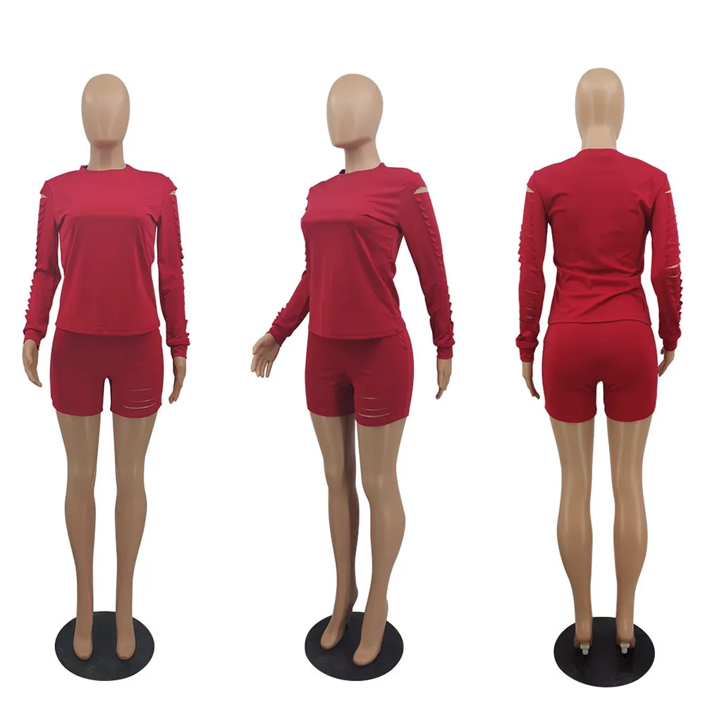 

Oversized Tracksuit Women Hole Solid Crew Neck Long Sleeve Loose Short Pants Set Spring Summer Plus Size Clothes Female