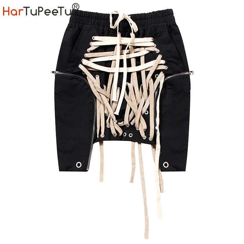 

Cross Bandage Mini Skirt Women Stylish Elastic High Waist Black Skirts Summer Irregular Zipper Pockets Hollow Out Rings Decorate