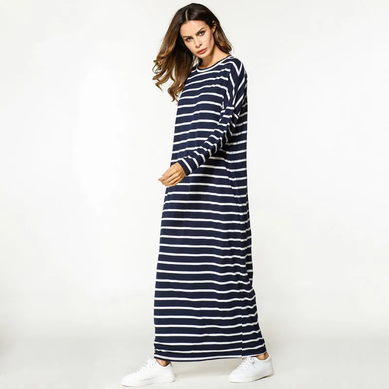Женское платье макси в полоску с длинным рукавом повседневное мусульманское