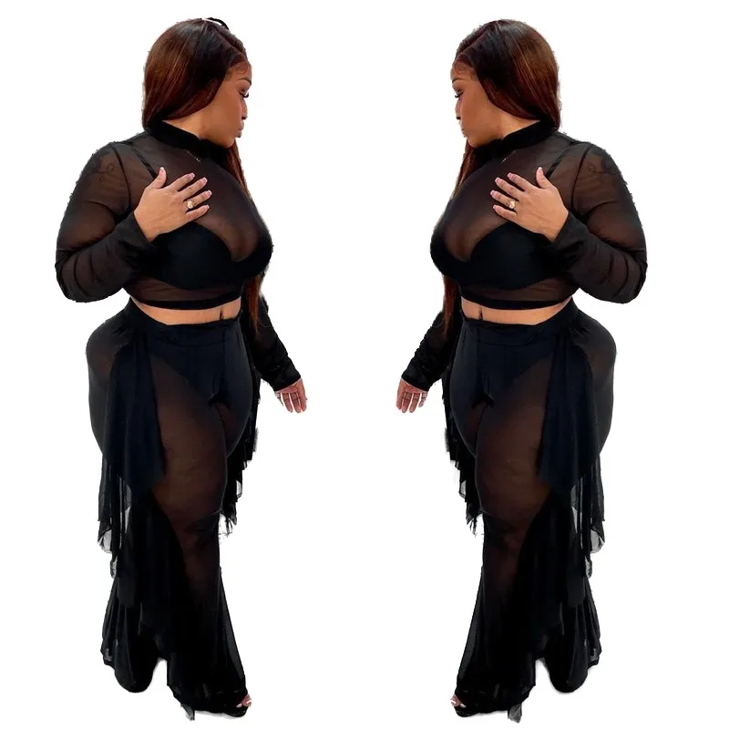 

Plus Size Sexy Mesh Two Piece Set Women Wholesale Long Sleeve Fashion Crop Top and Ruffle Pants Sets Club Outfits Dropshipping