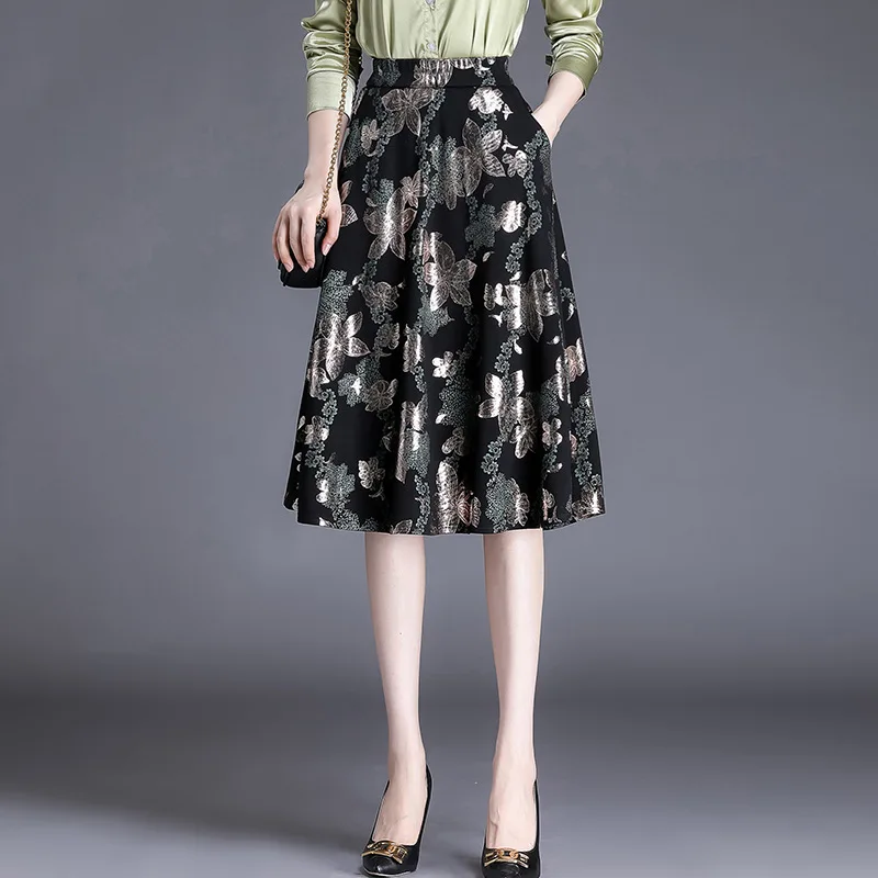 

Юбка-трапеция женская с завышенной талией, модная золотистая элегантная офисная винтажная облегающая Повседневная до колен, с цветочным пр...