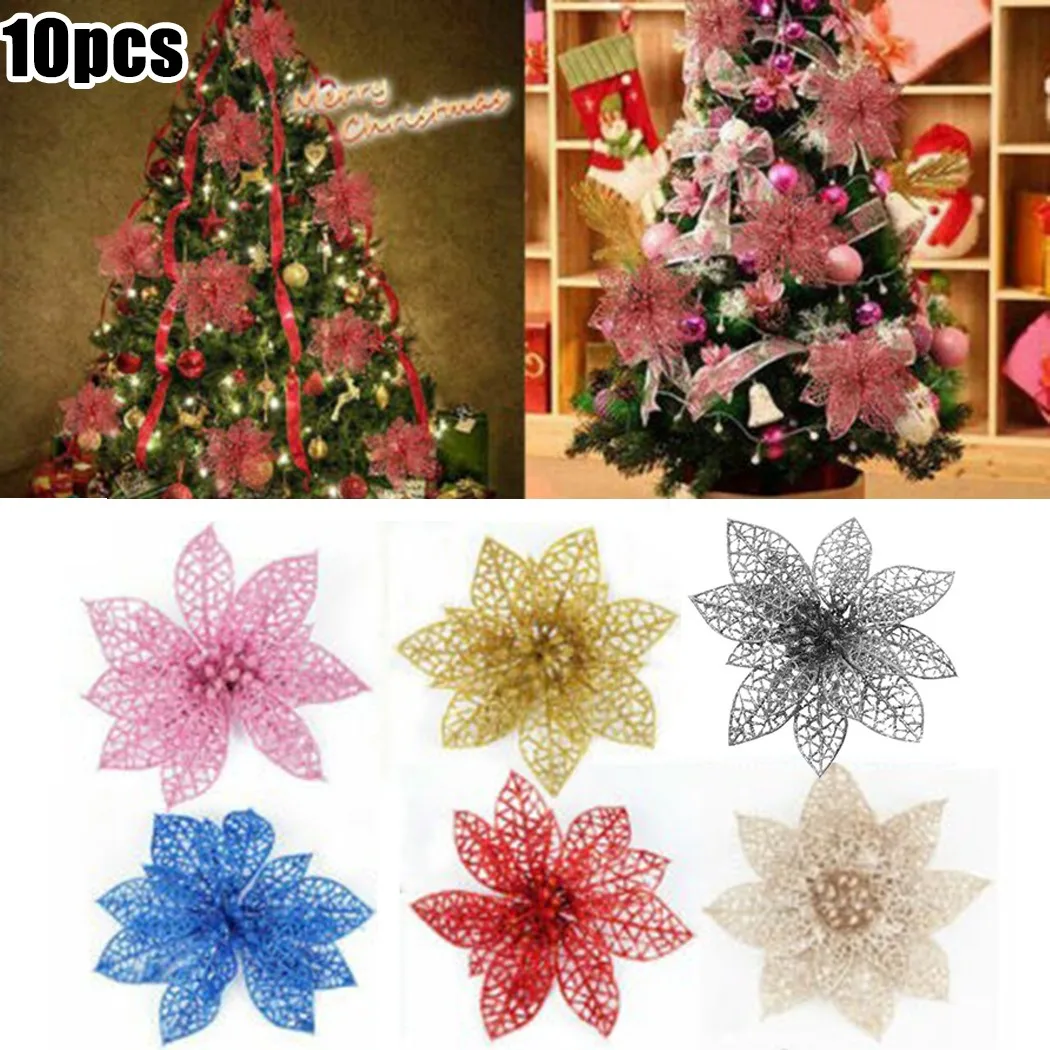 

10PCS Glitter Artificial Flowers Glitter Fake Flowers Christmas Tree Ornaments For Home Wedding Valentine's Day Decorations