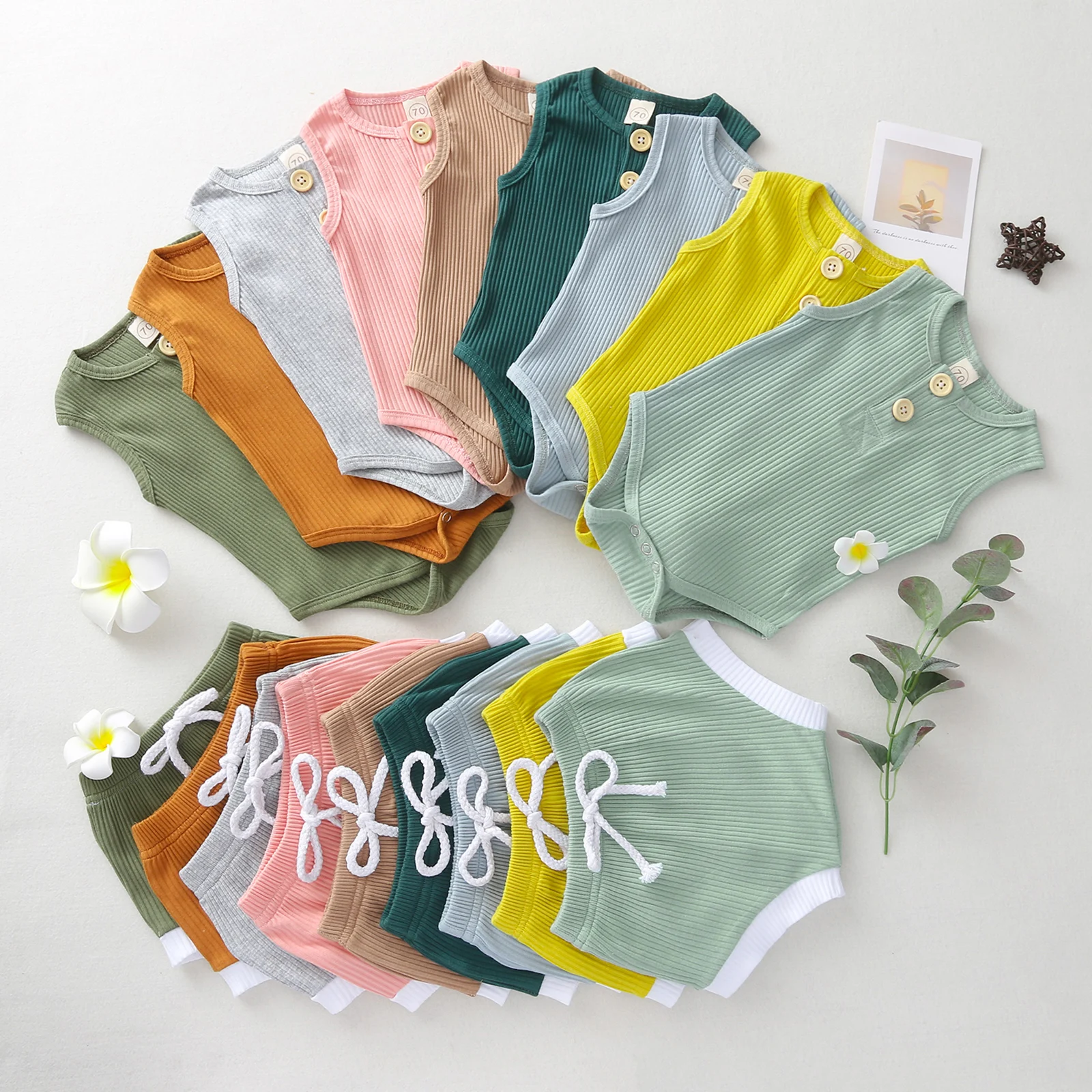 

Summer Infant Solid Baby Girl Boy Ribbed Romper Suit, Sleeveless Buttoned Round Neck Romper Elastic Head Shorts 2Pcs Outfit