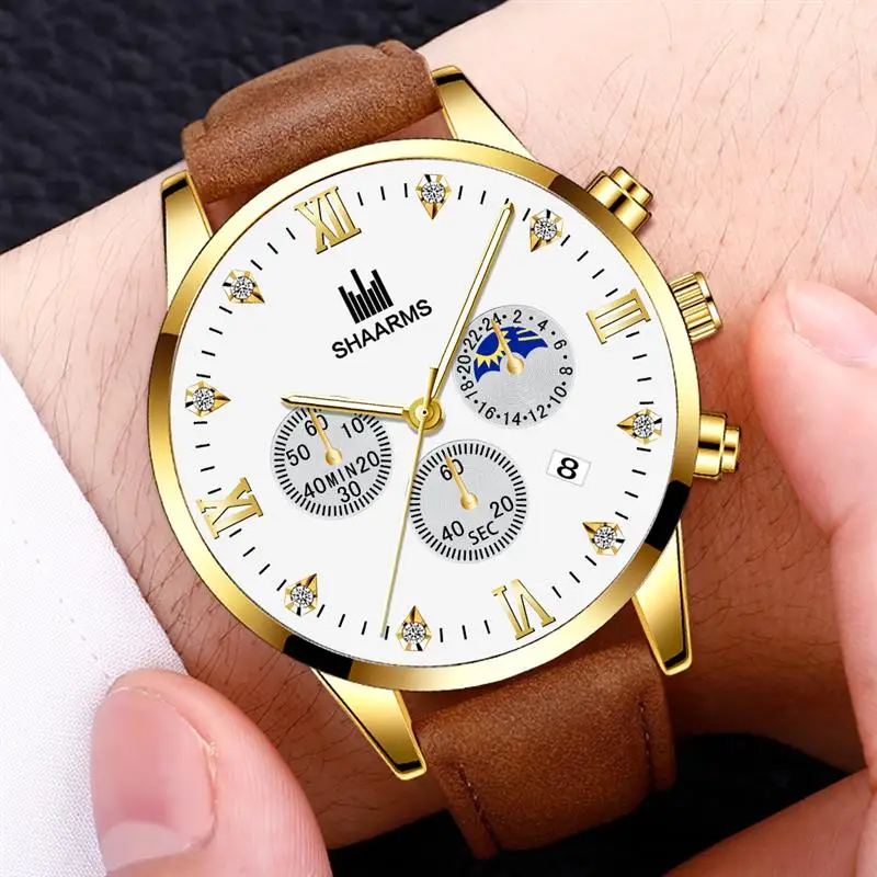 SHAARMS модные синие часы для мужчин с кожаным ремешком из нержавеющей стали