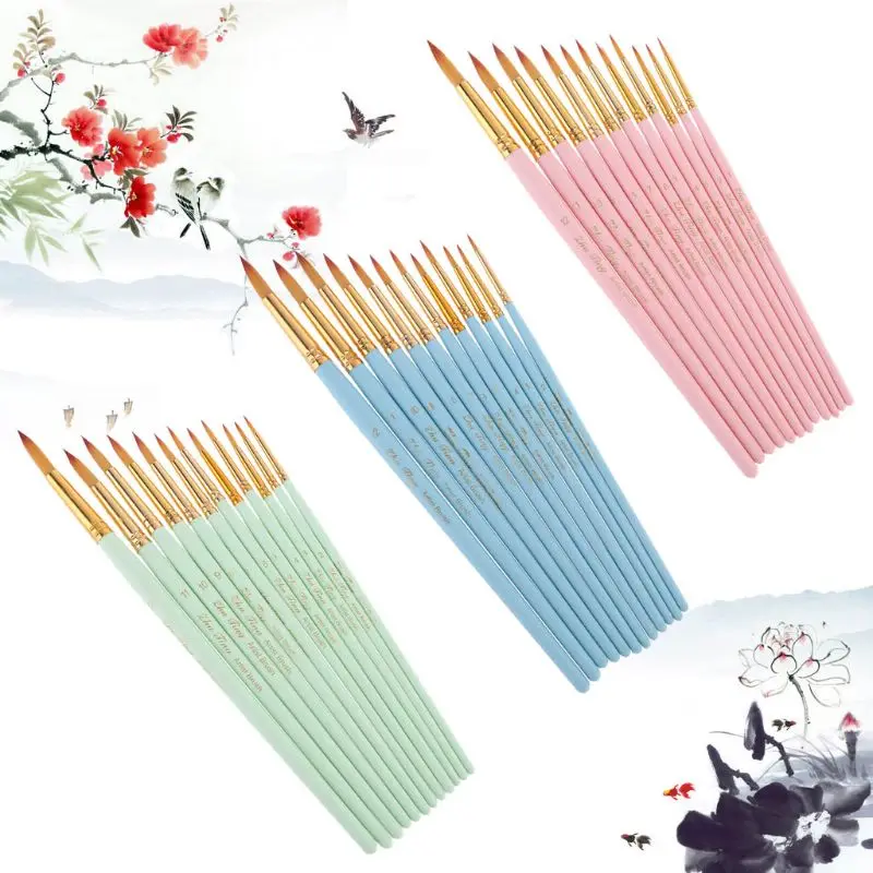 12Pcs Round Pointed Spike Tip Oil Painting Brushes Nylon Hair Artists Watercolor Paintbrushes Drawing Pen Tools Set | Канцтовары для